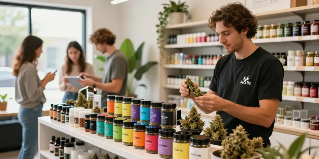 Alien Labs strain showcased in a vibrant dispensary with knowledgeable budtender.